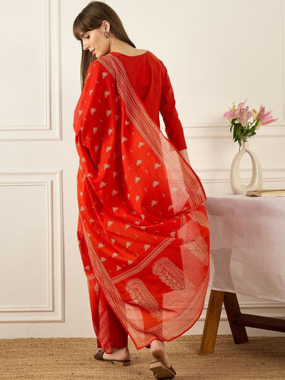 Floral Printed Thread Work Pure Cotton Kurta With Palazzos