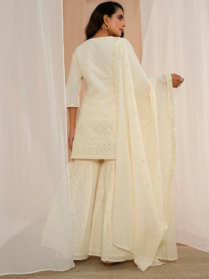 Women's LB Off White Embroidered Cotton Straight Suit With Dupatta