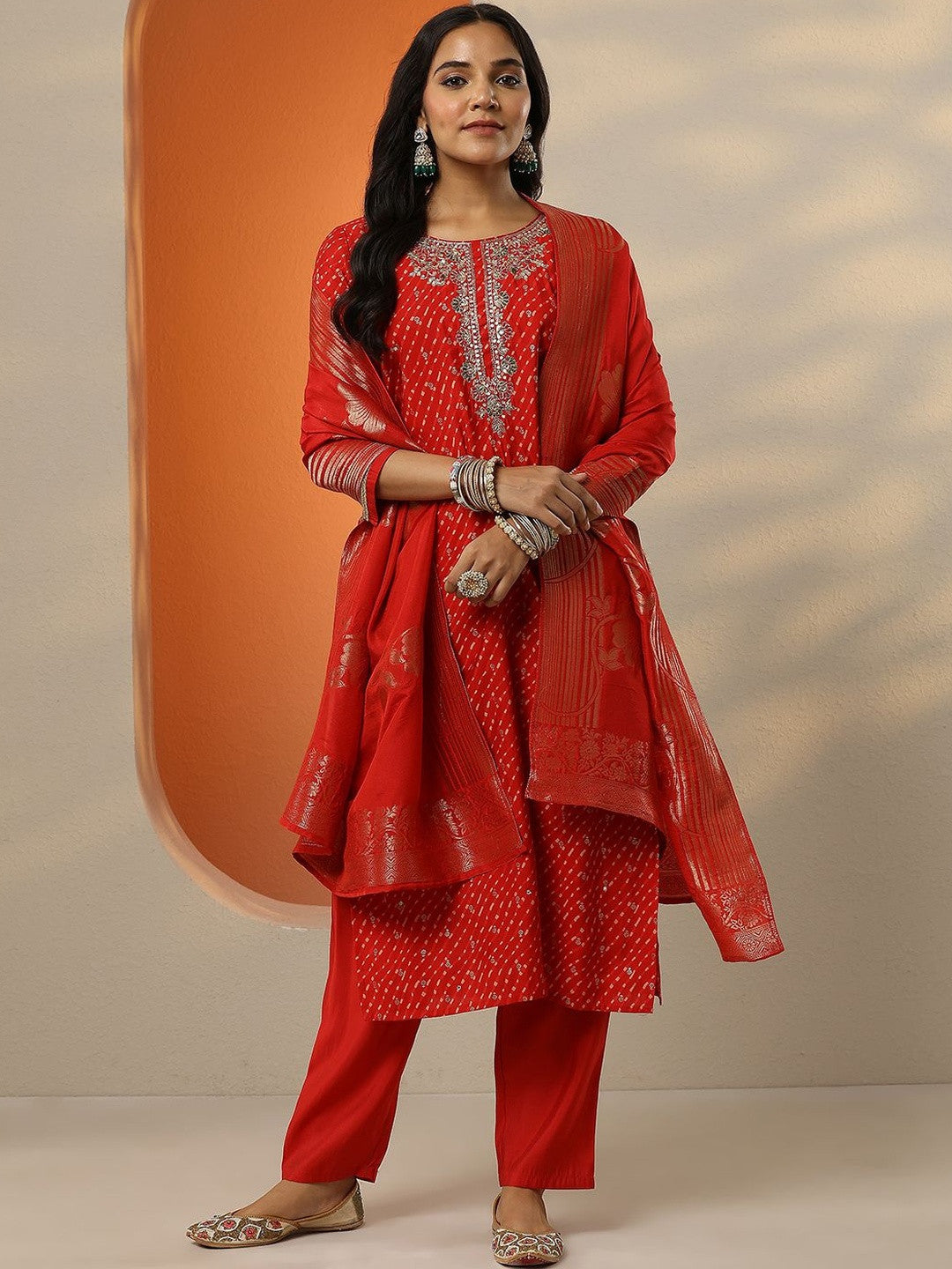 Leheriya Printed Mirror Work Straight Kurta & Trousers With Dupatta