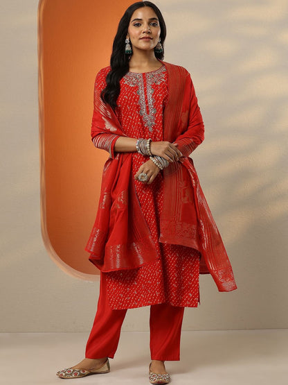 Leheriya Printed Mirror Work Straight Kurta & Trousers With Dupatta