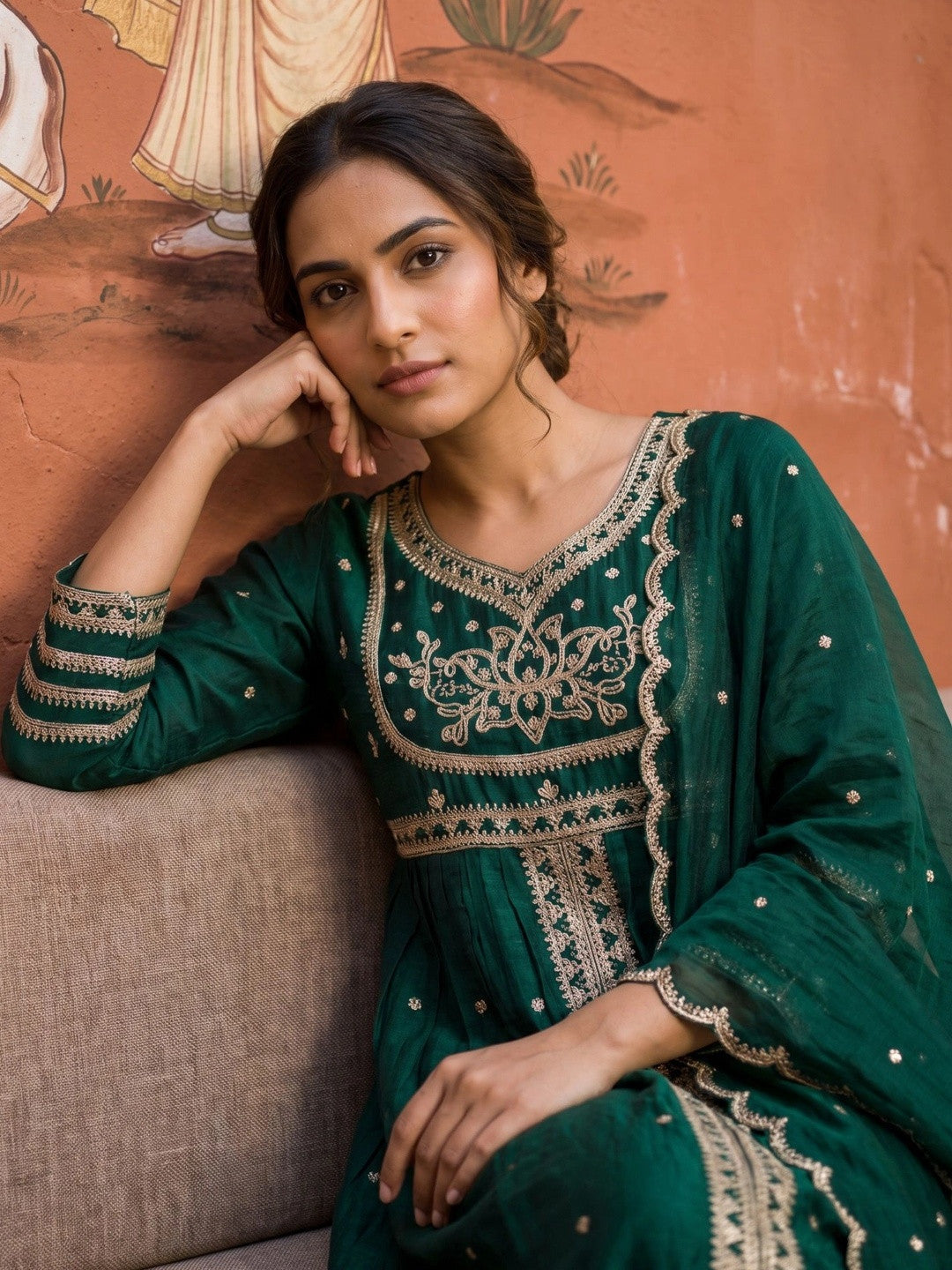 Women Ethnic Motifs Embroidered Empire Kurta with Trousers & With Dupatta
