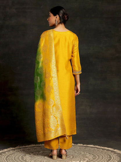 Women's LB Mustard Woven Design Silk Blend Straight Suit With Dupatta