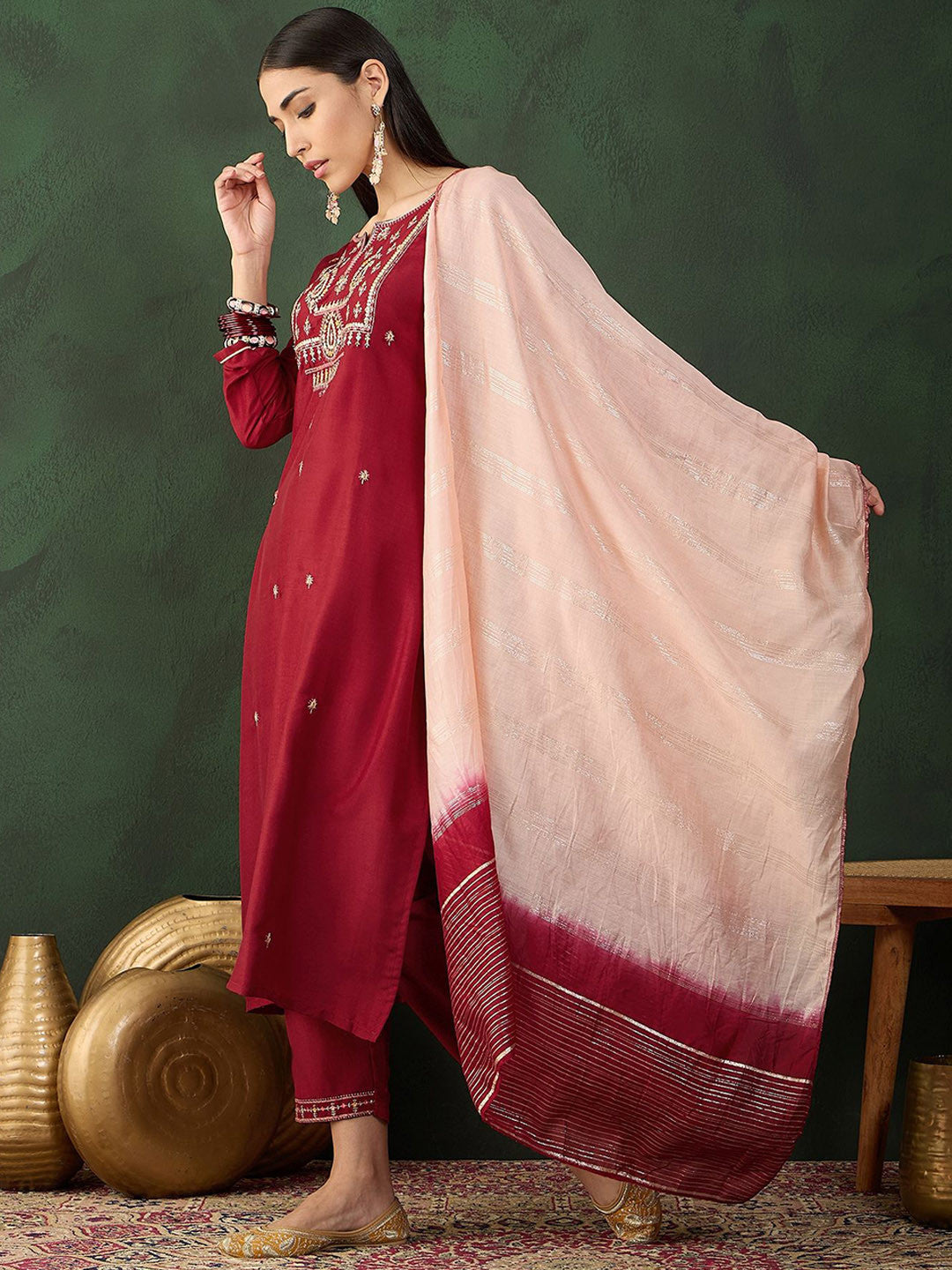 Floral Embroidered Sequinned Kurta with Trousers & Dupatta