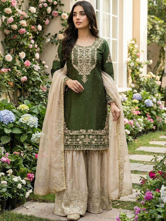 Dhiyona KL Women Ethnic Motifs Embroidered Regular Thread Work Kurta with Sharara & With Dupatta