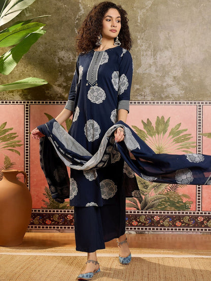 Floral Printed Cotton Round Neck Kurta & Trousers With Dupatta