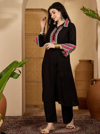 Women Black Embroidered Rayon A-Line Kurta Set
