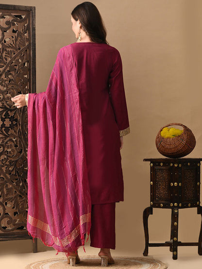 Embroidered Round Neck Long Sleeves Kurta & Trousers With Dupatta