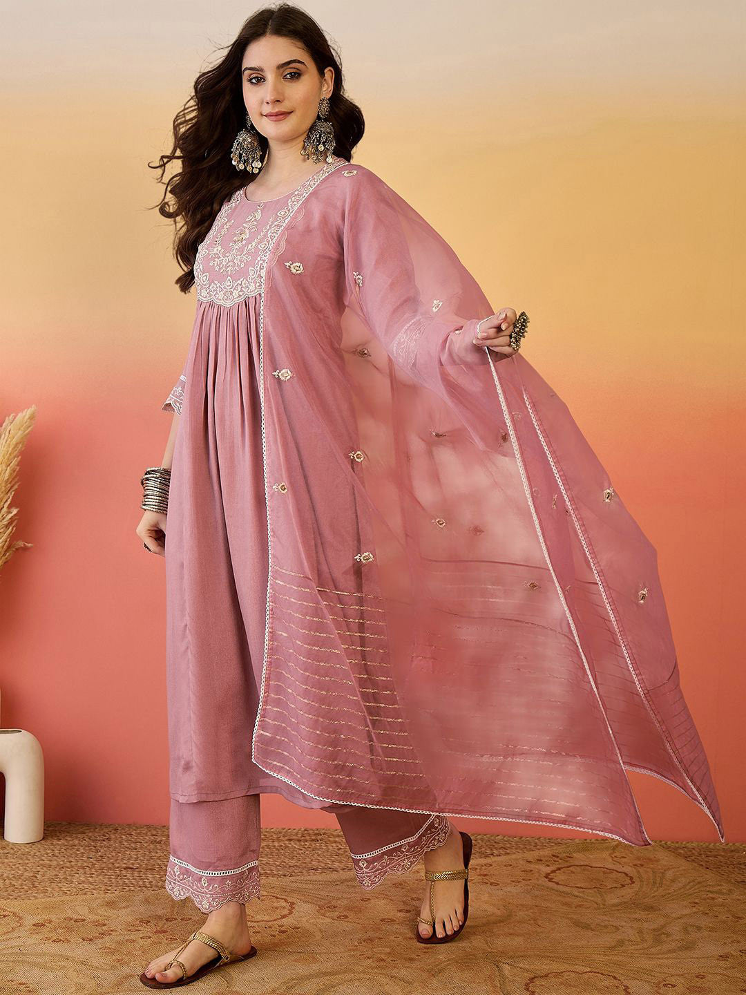 Ethnic Motifs Embroidered Poly Chiffon A-Line Kurta With Trousers And Dupatta