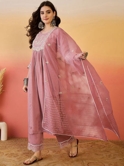 Ethnic Motifs Embroidered Poly Chiffon A-Line Kurta With Trousers And Dupatta