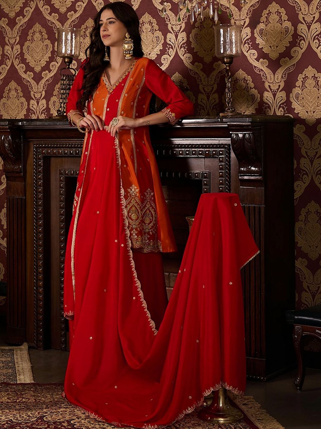 Dhiyona CH Women Ethnic Motifs Embroidered Panelled Thread Work Kurta with Palazzos & With Dupatta