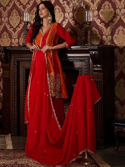 Dhiyona CH Women Ethnic Motifs Embroidered Panelled Thread Work Kurta with Palazzos & With Dupatta