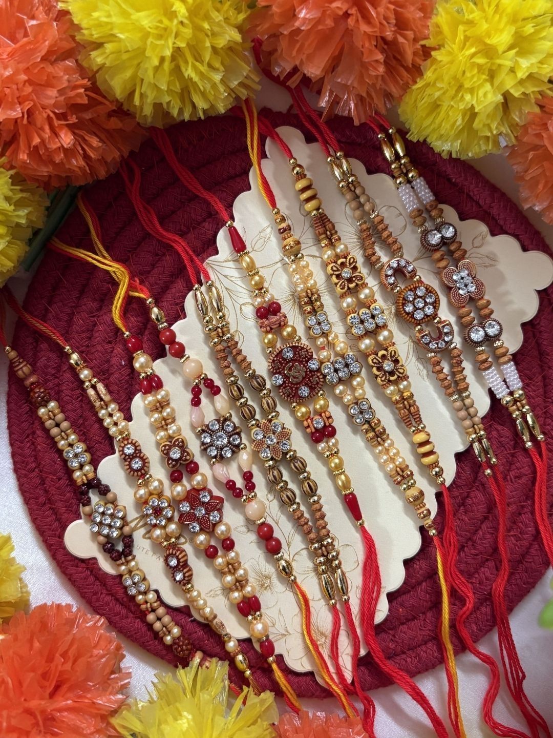 Dhiyona Set Of 10 Artificial Stones & Beads Thread Rakhi With Roli Chawal Chandan Mishri