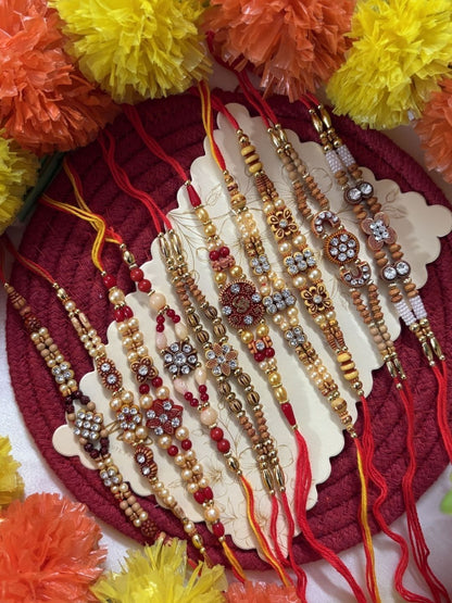 Dhiyona Set Of 10 Artificial Stones & Beads Thread Rakhi With Roli Chawal Chandan Mishri