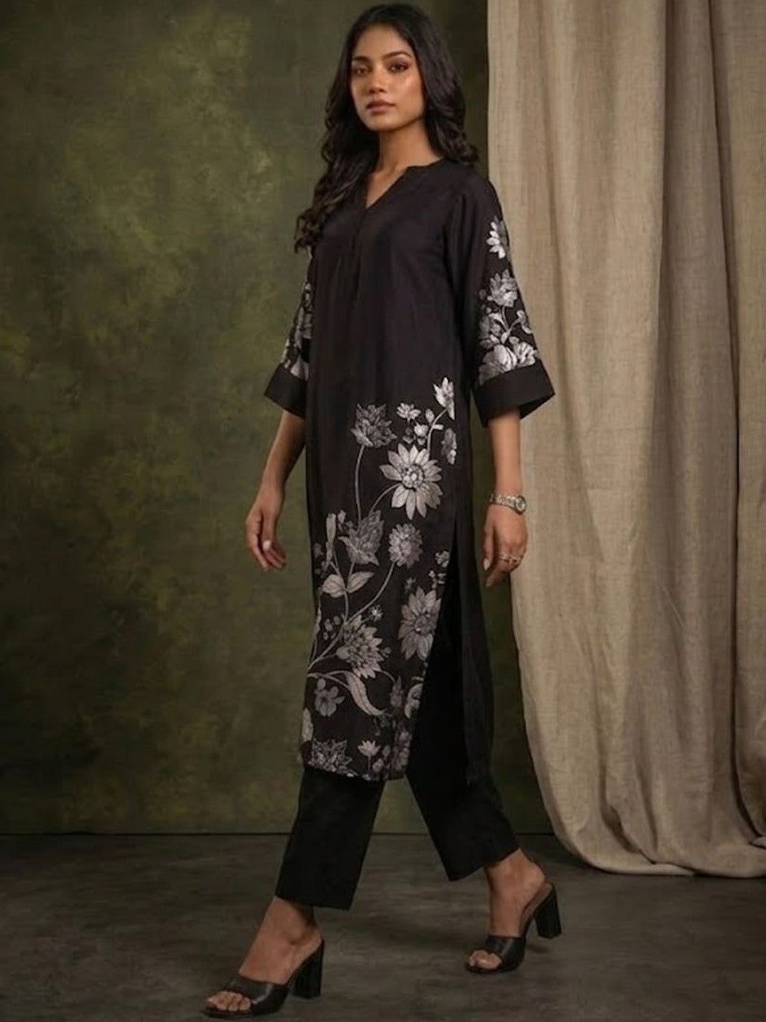 Printed Mandarin Collar Kurta & Trousers