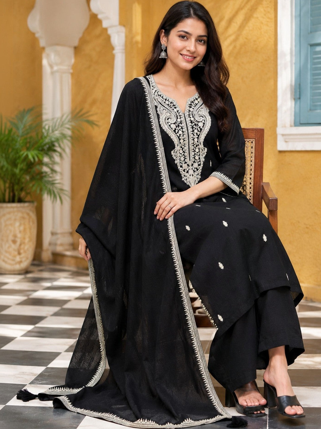 Women Ethnic Motifs Embroidered Regular Thread Work Kurta with Palazzos & With Dupatta