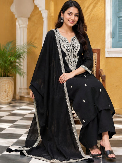 Women Ethnic Motifs Embroidered Regular Thread Work Kurta with Palazzos & With Dupatta