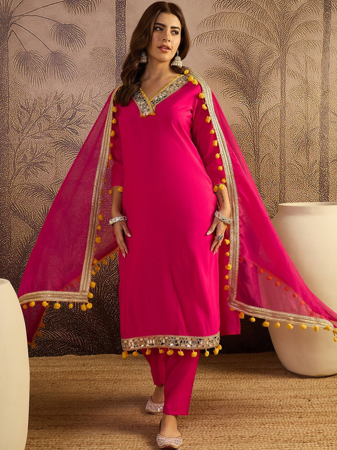 Embroidered V-Neck Kurta & Trousers Kurta Set