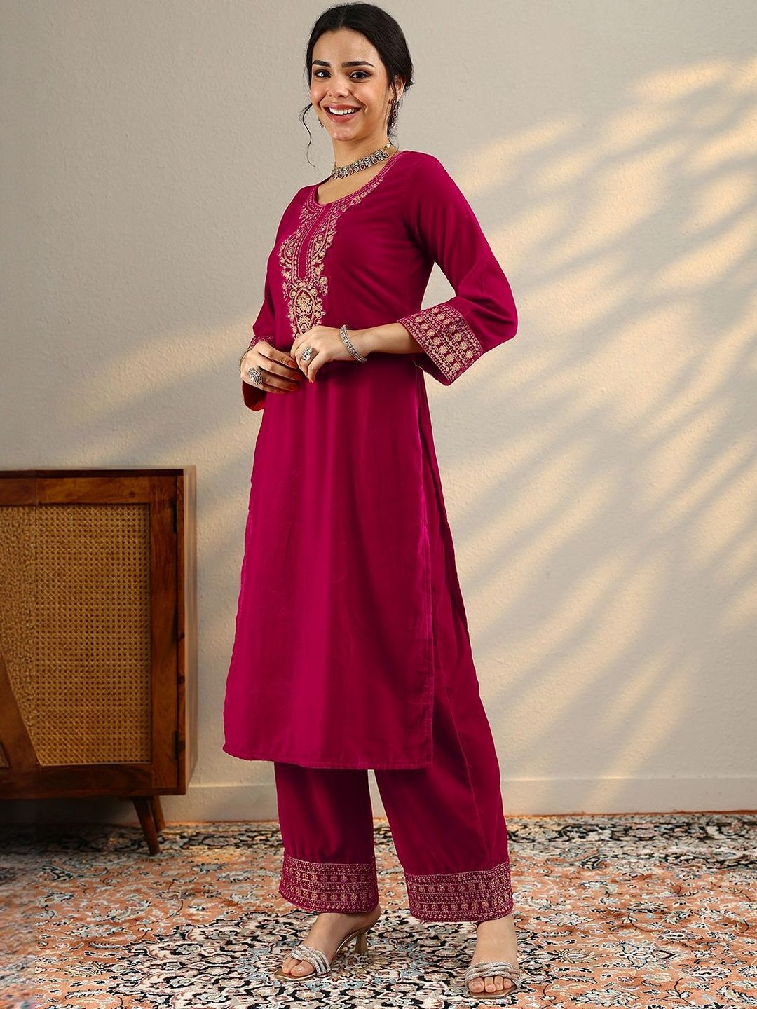 Dhiyona LL Women Ethnic Motifs Embroidered Kurta with Palazzos & Dupatta