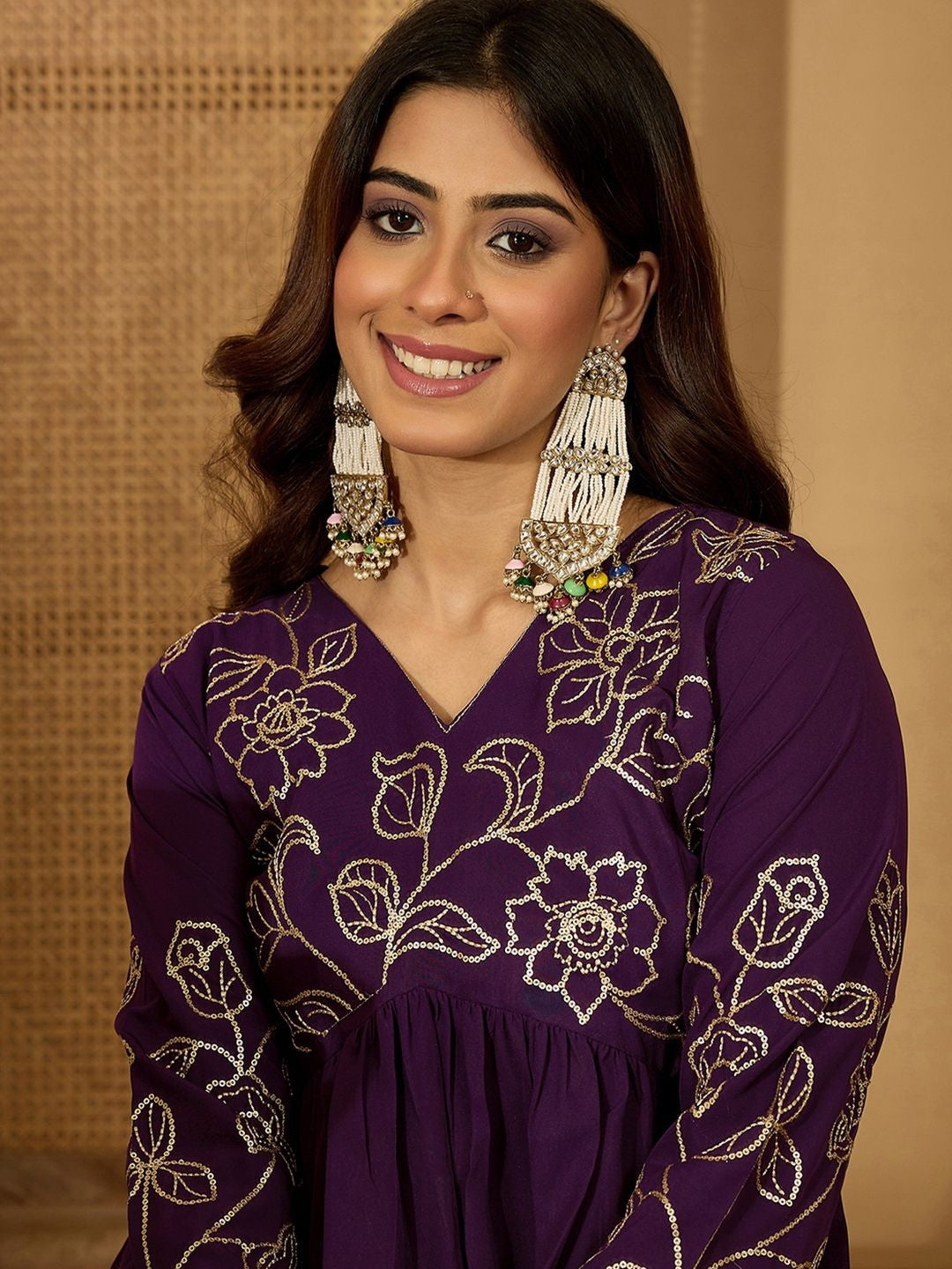 Floral Embroidered Empire Sequinned A-Line Kurta With Trouser