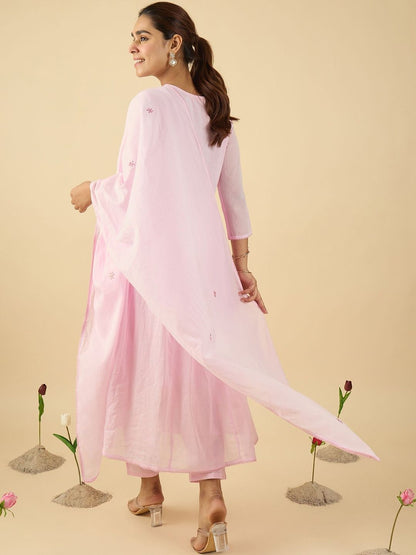 Women Embroidered Thread Work Pure Cotton Kurta with Trousers & With Dupatta
