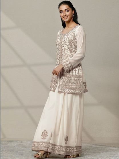 Dhiyona LL Women Ethnic Motifs Embroidered Panelled Thread Work Kurta with Palazzos & With Dupatta