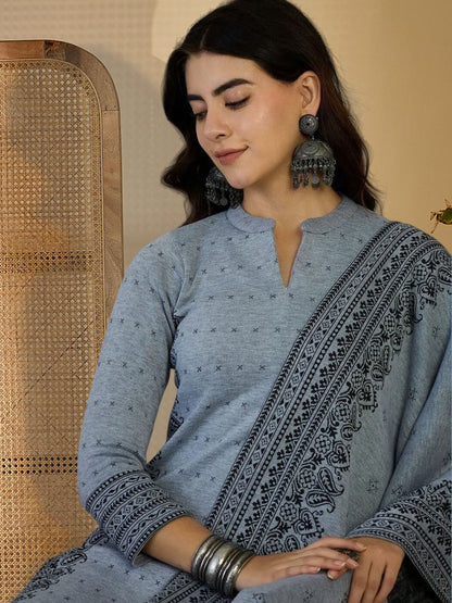 Woven Design Pure Wool Mandarin Collar Kurta & Trousers With Dupatta
