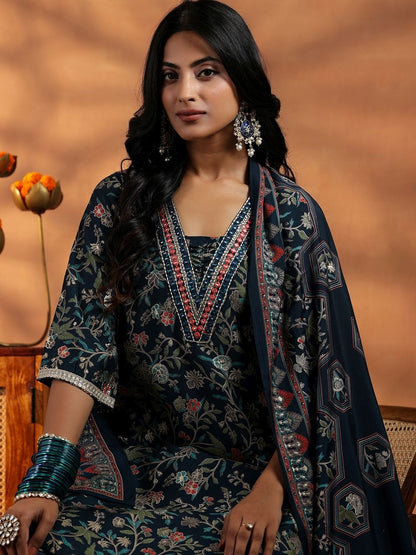 Women Floral Printed Regular Thread Work Kurta with Harem Pants & With Dupatta