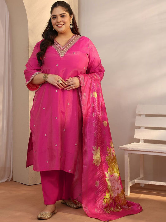 Dhiyona Women's Plus Size Ethnic Motifs Embroidered Kurta with Trouser & Dupatta