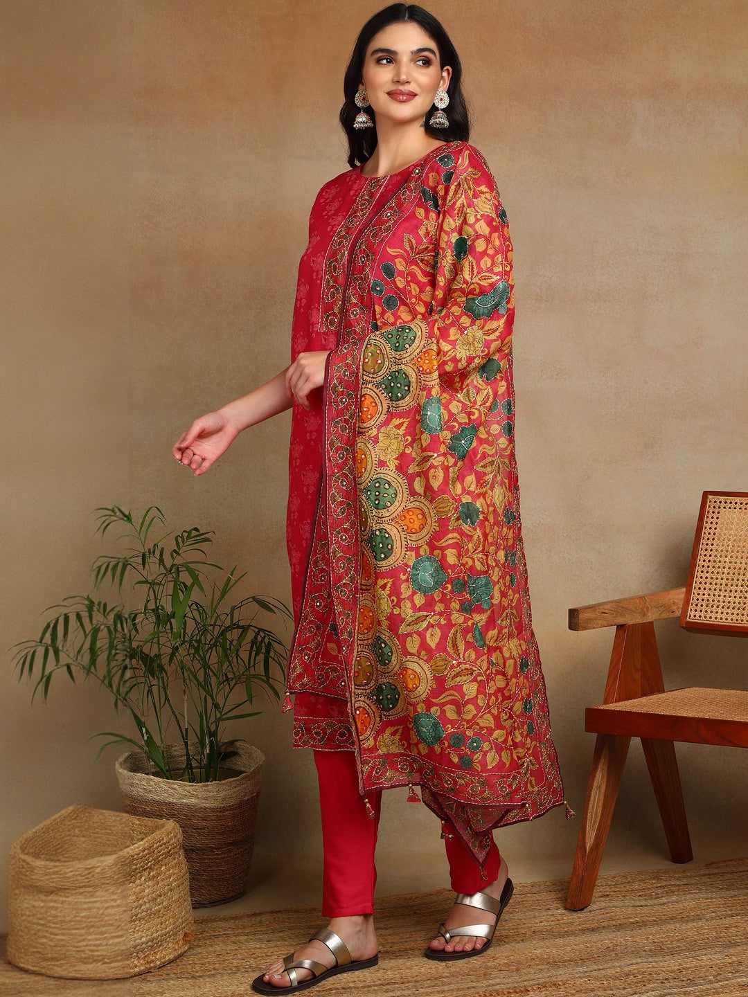 Women Ethnic Motifs Regular Sequinned Chanderi Cotton Kurta with Trousers & With Dupatta