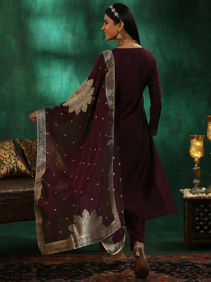 Women's LB Wine Woven Design Silk Blend Straight Suit With Dupatta