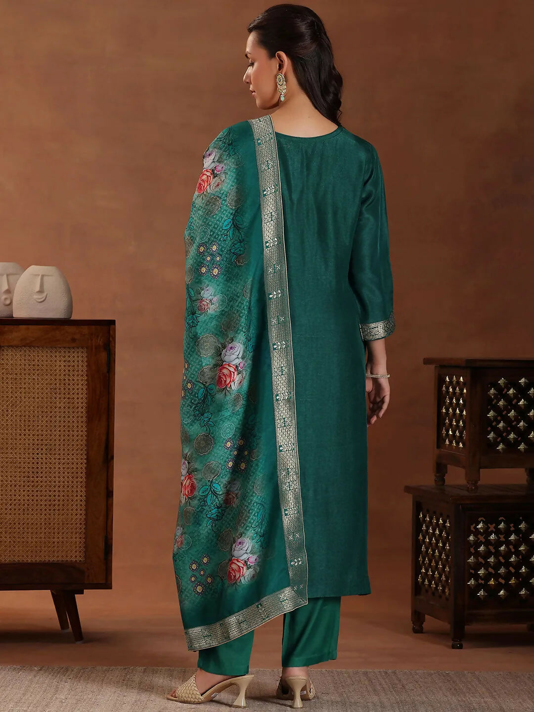 Women's LB Teal Printed Silk Blend Straight Suit With Dupatta