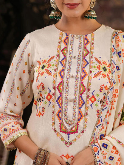 Dhiyona SC Geometric Printed Mirror Work Chanderi Silk Kurti with Sharara & Dupatta