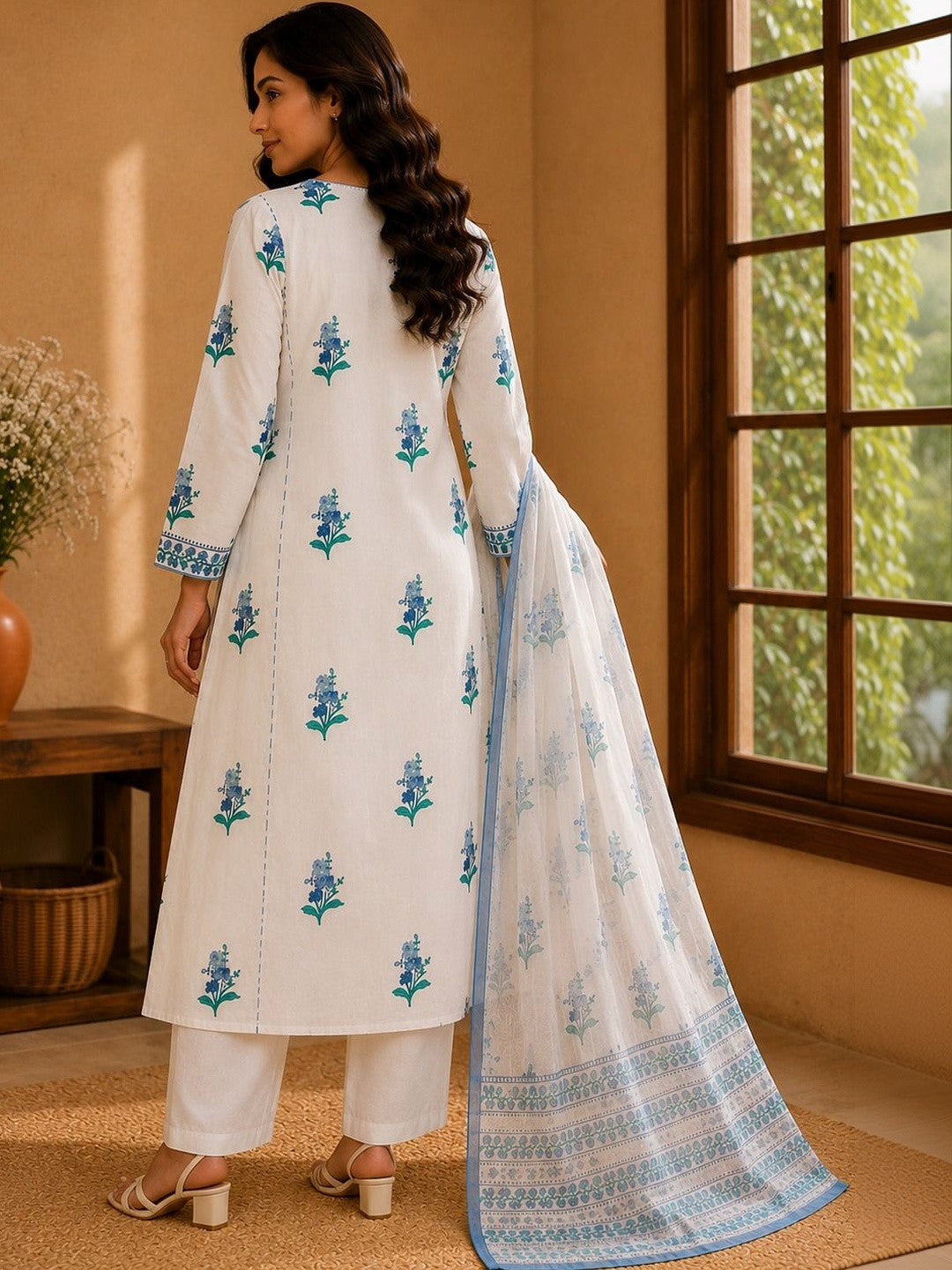 Women Floral Printed Regular Pure Cotton Kurta with Trousers & With Dupatta