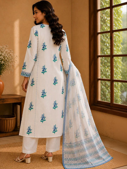 Women Floral Printed Regular Pure Cotton Kurta with Trousers & With Dupatta