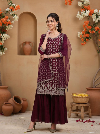Dhiyona KL Ethnic Motifs Embroidered Striaght Thread Work Kurta With Sharara & Dupatta