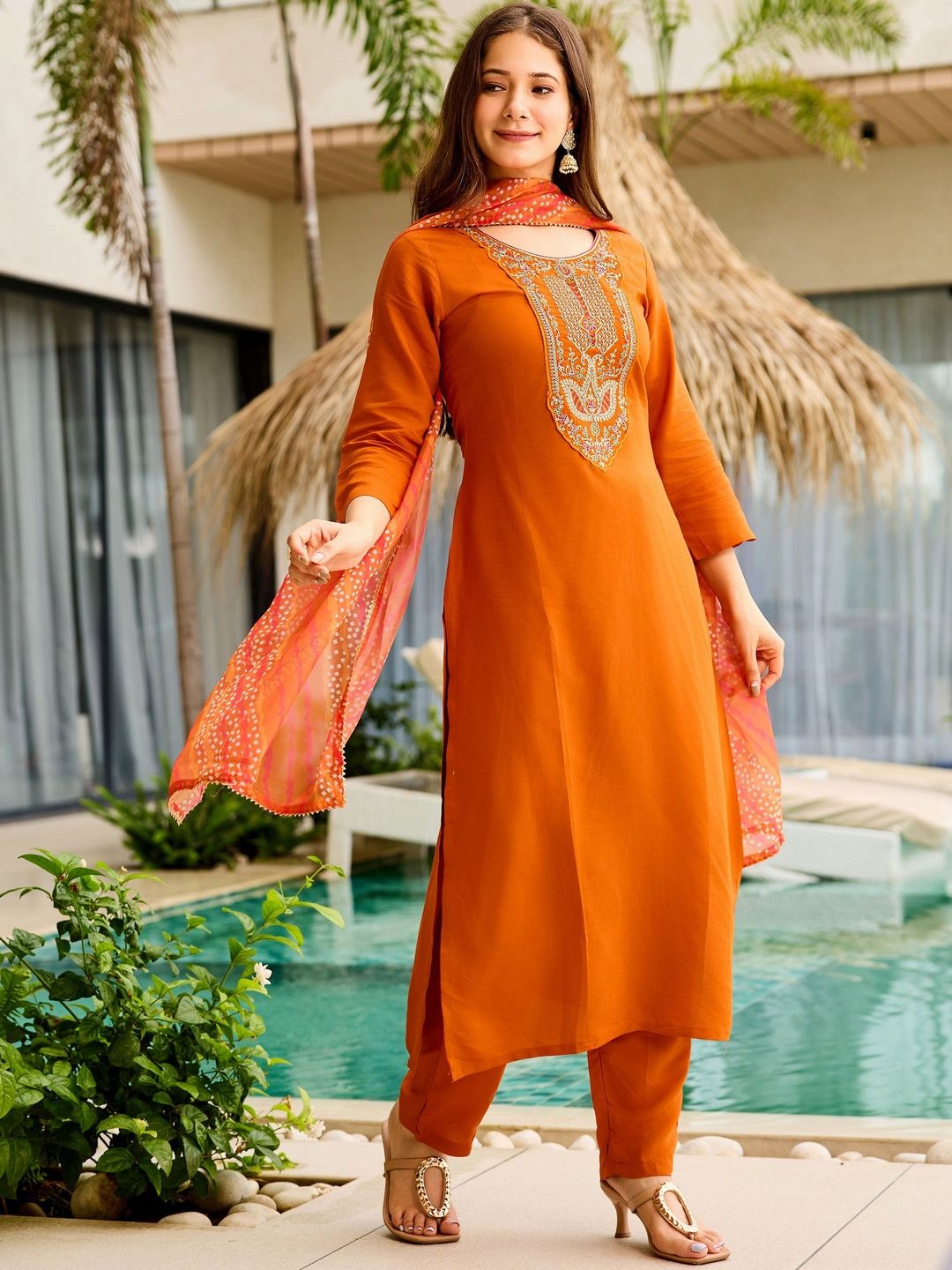 Dhiyona KL Women Orange Ethnic Motifs Embroidered Viscose Rayon Kurta With Trouser & Dupatta