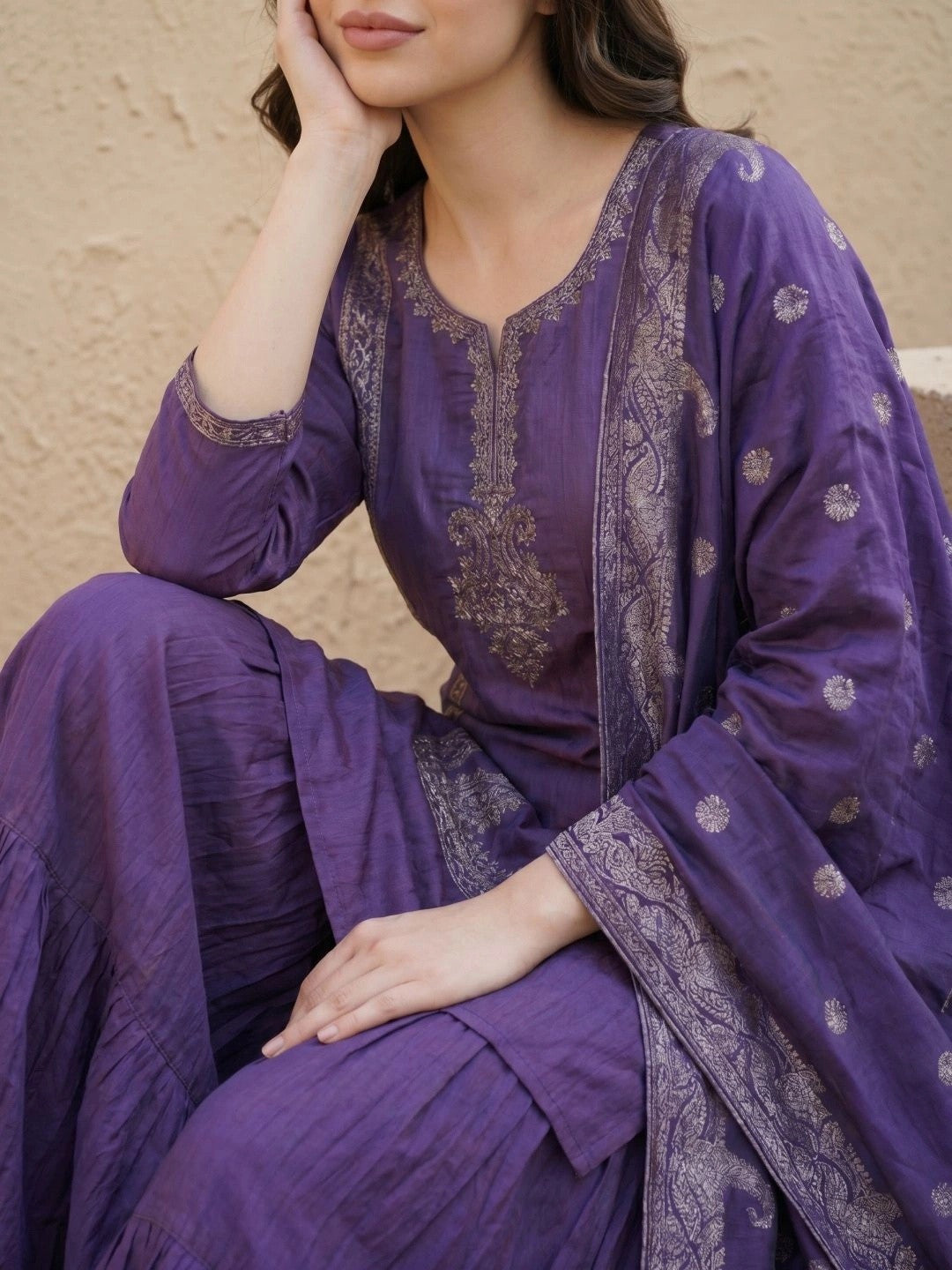 Women Ethnic Motifs Embroidered Regular Kurta with Sharara & With Dupatta