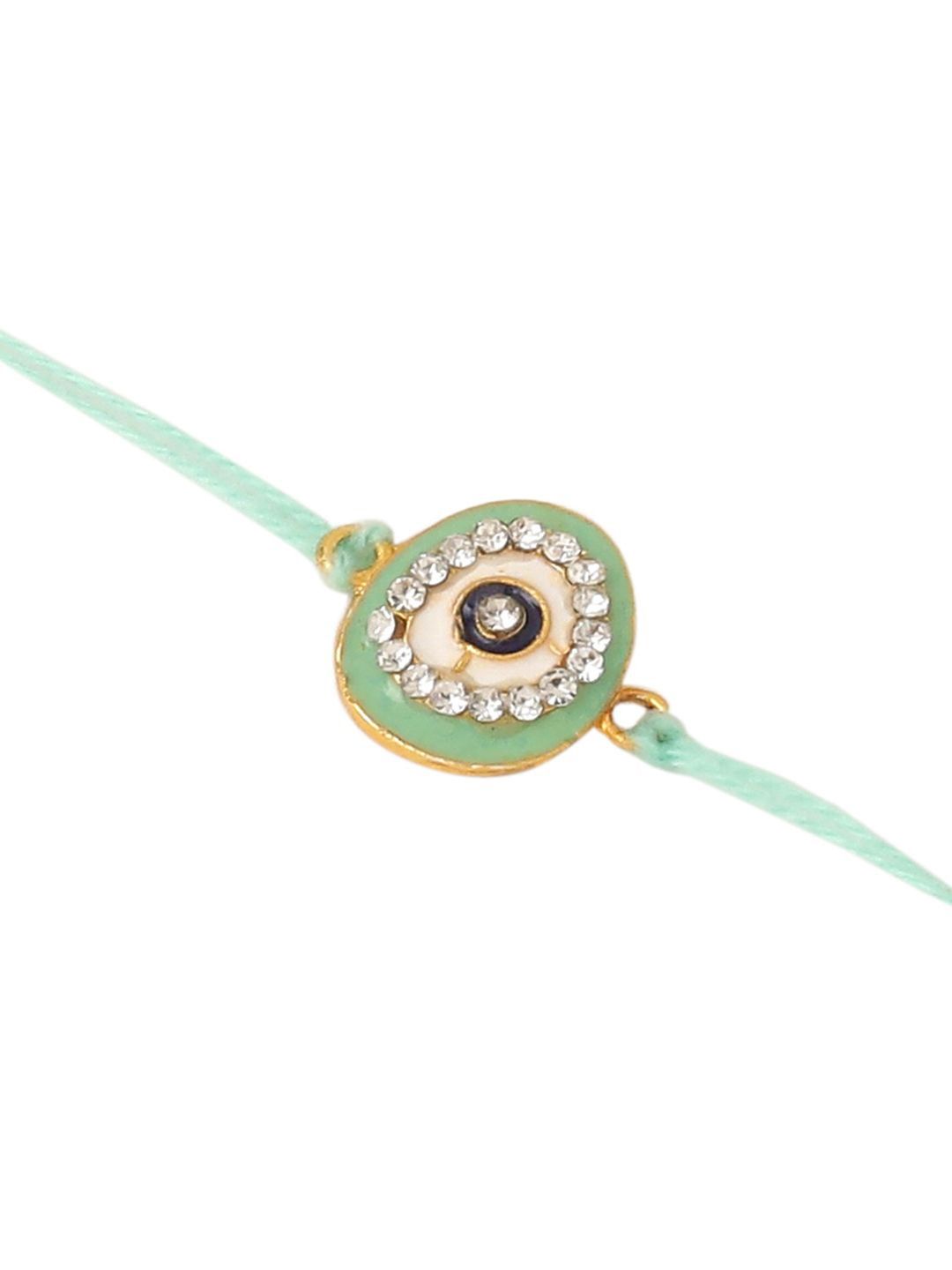 Dhiyona Set Of 2 Green Round Shape Artificial Stones Bhaiya Bhabhi Rakhi With Roli Chawal