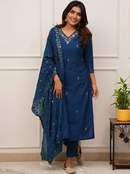Embroidered V-Neck Kurta & Trousers Kurta Set