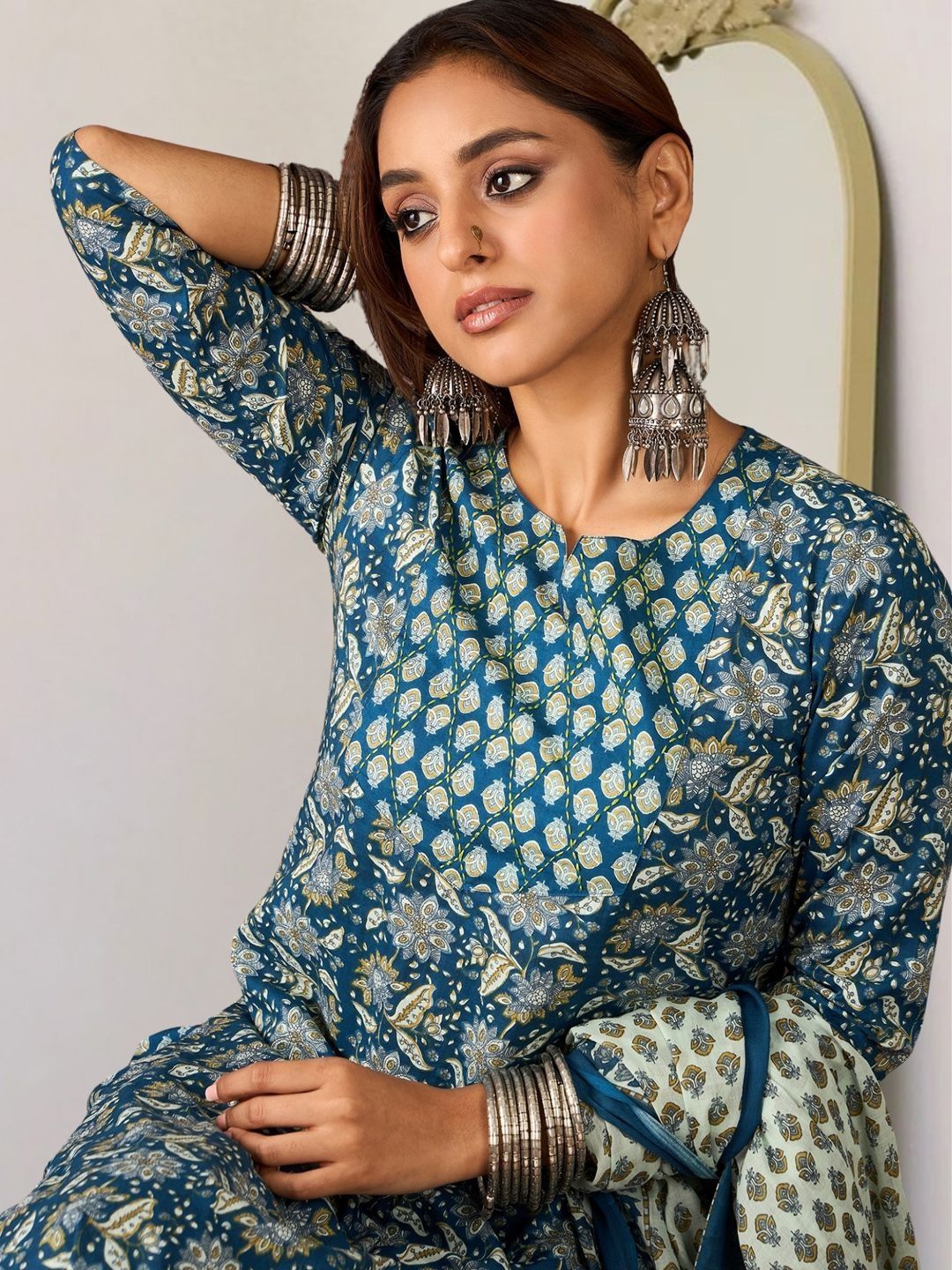 Dhiyona IE Women Ethnic Motifs Printed Regular Pure Cotton Kurta with Trousers & With Dupatta