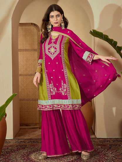 Dhiyona SN Embroidered Round Neck Kurta & Sharara with Dupatta Set