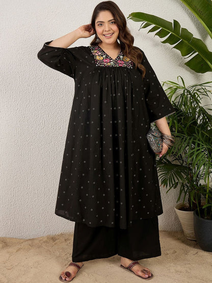 Plus Size Black Embroidered A-Line Kurta Palazzos Set