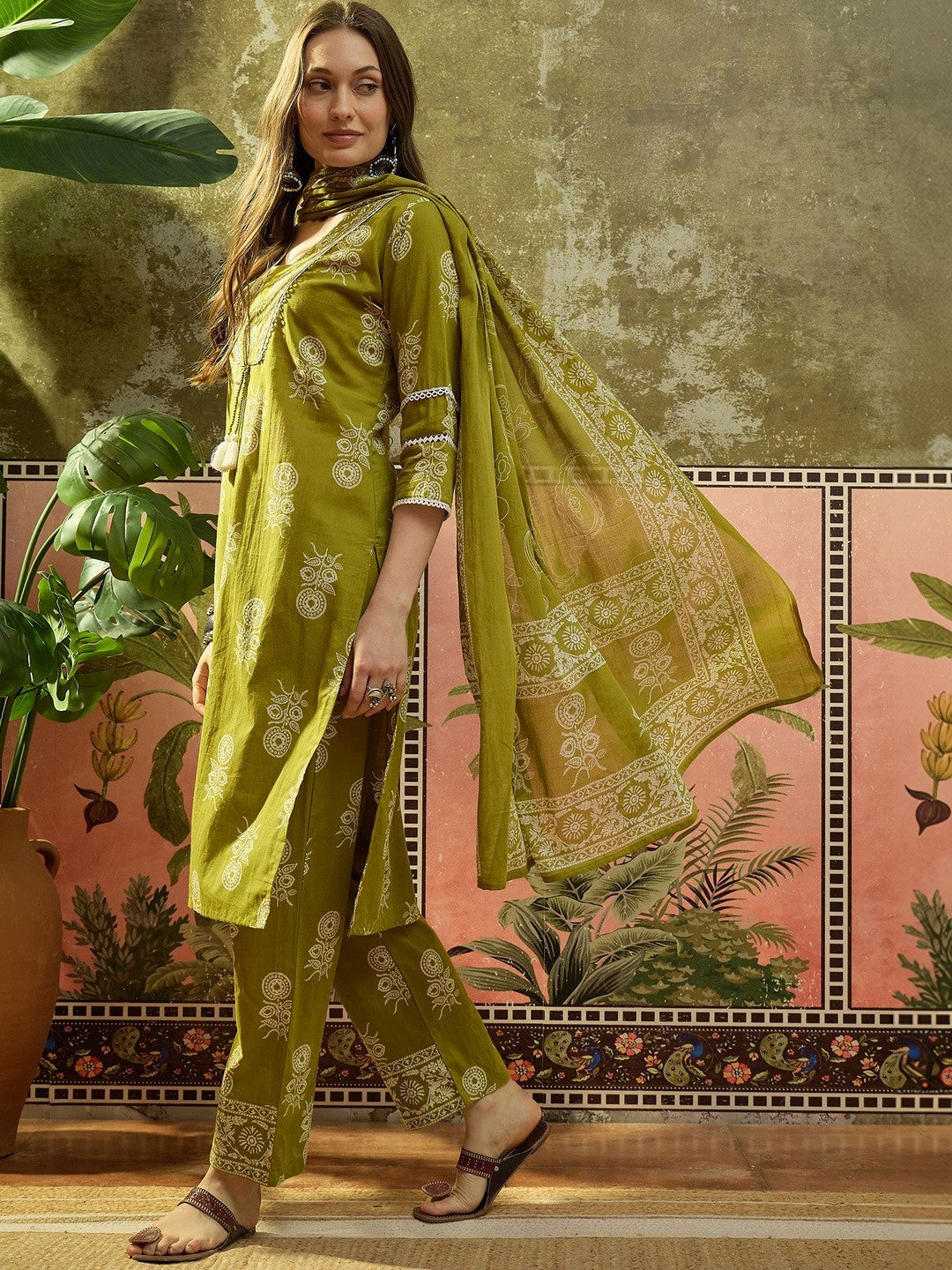 Embroidered Pure Cotton V-Neck Top & Trousers With Dupatta