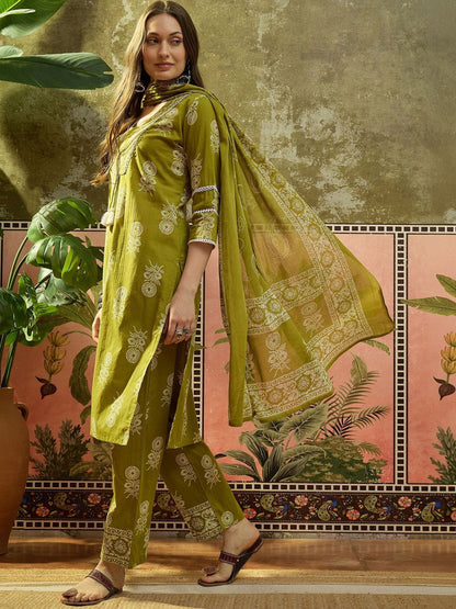 Embroidered Pure Cotton V-Neck Top & Trousers With Dupatta