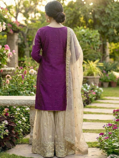 Dhiyona KL Women Ethnic Motifs Embroidered Regular Thread Work Kurta with Sharara & With Dupatta