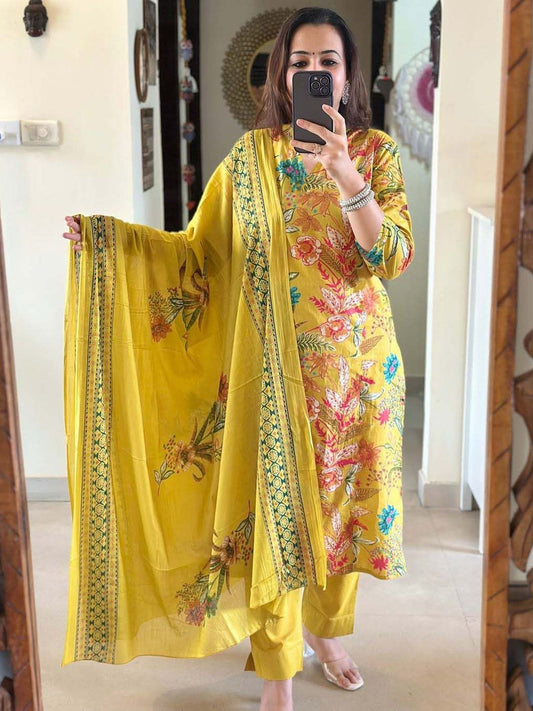 Dhiyona KL Floral Printed V-Neck Straight Kurta with Trousers & Dupatta