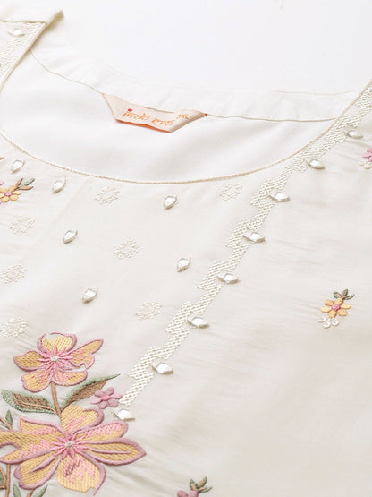Dhiyona Women's Floral Embroidered Mirror Work Kurta with Palazzos & Dupatta