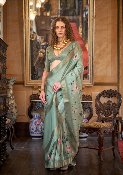 Dhiyona GR Women's Queen Green Banarasi Digital Soft Silk Saree