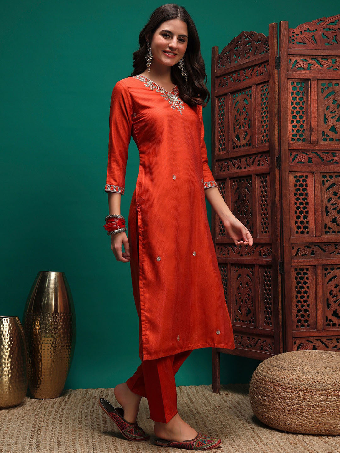 Sequin Embroidered Straight Kurta & Trousers With Dupatta
