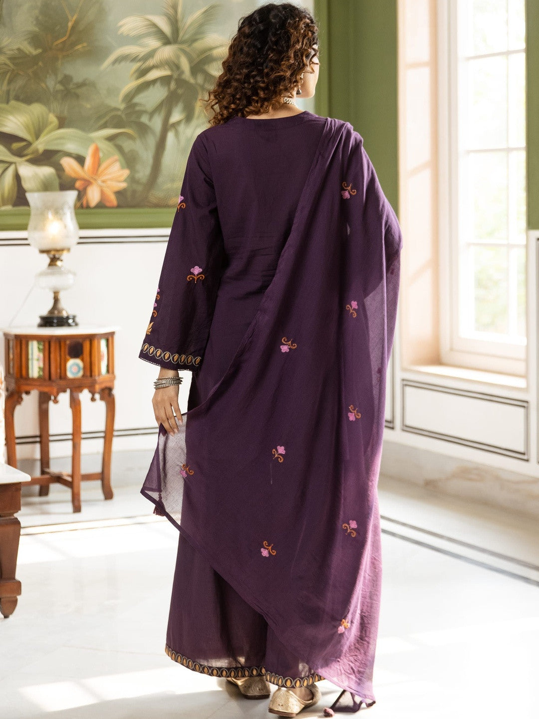 Embroidered Pure Cotton V-Neck Kurta & Palazzos With Dupatta